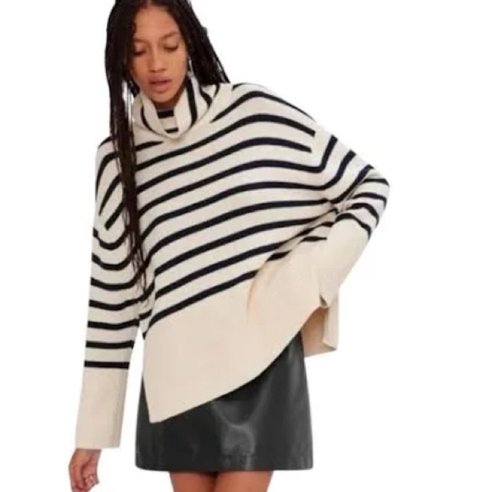 Gap Women Tan black split hem turtleneck sweater L